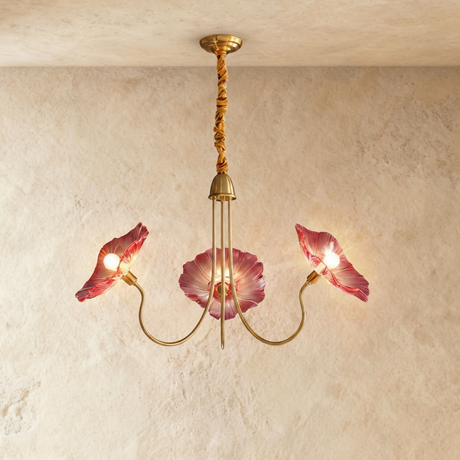 The same three arm frame with red and pink blown glass poppy shades