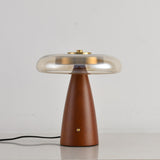 Close view of the straight cone base under the clear glass shade