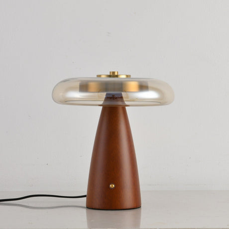 Close view of the straight cone base under the clear glass shade