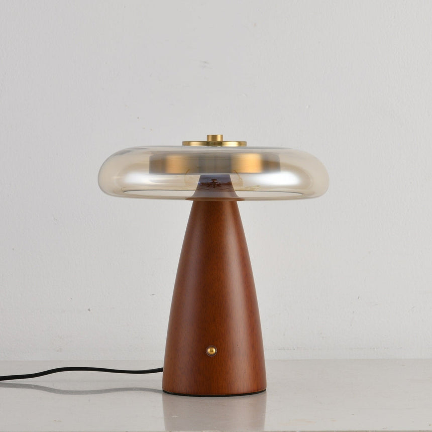 Close view of the straight cone base under the clear glass shade