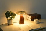 Clear glass table lamp lit in warm white beside a potted plant