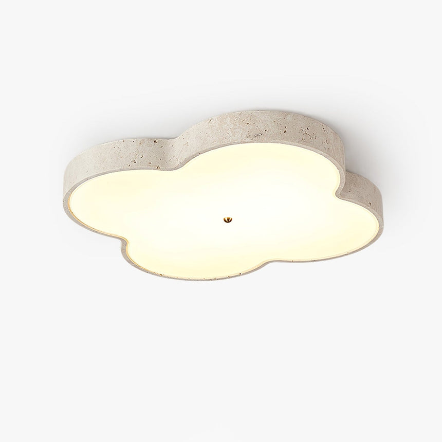Cloud ceiling lamp with a yellow travertine disc over white glass, shown on a plain background