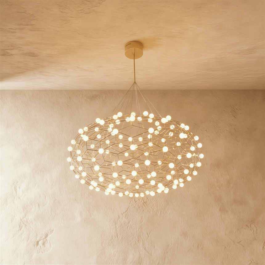 The small version, a shallow lattice disc carrying 48 lit globes