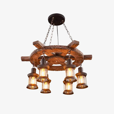 The ship wheel frame carrying eight glass lanterns on short chains
