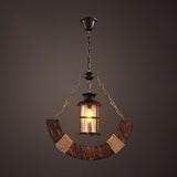 A curved wood frame with a lantern and a chain drop beneath it