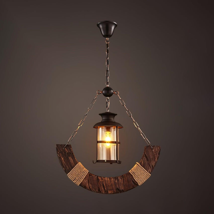 A curved wood frame with a lantern and a chain drop beneath it