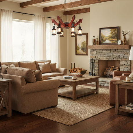 Chandelier lit in a living room above a sofa and a wide rug