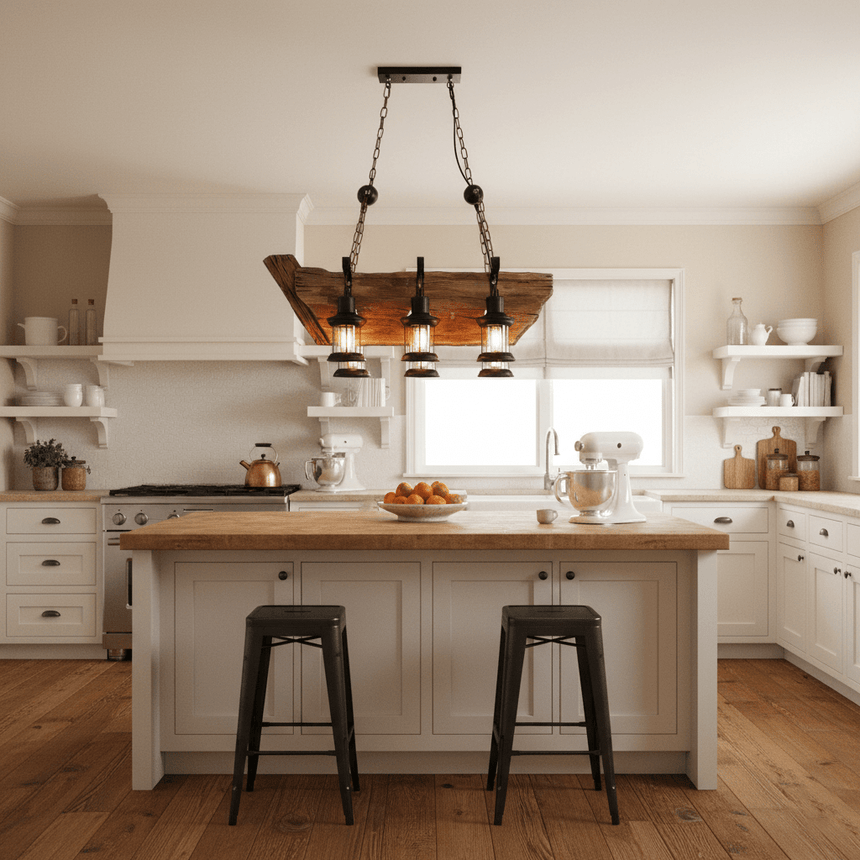 Plank frame lit above a white kitchen island with metal stools