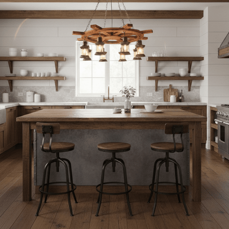 The fitting lit above a kitchen island with stools pulled up to it