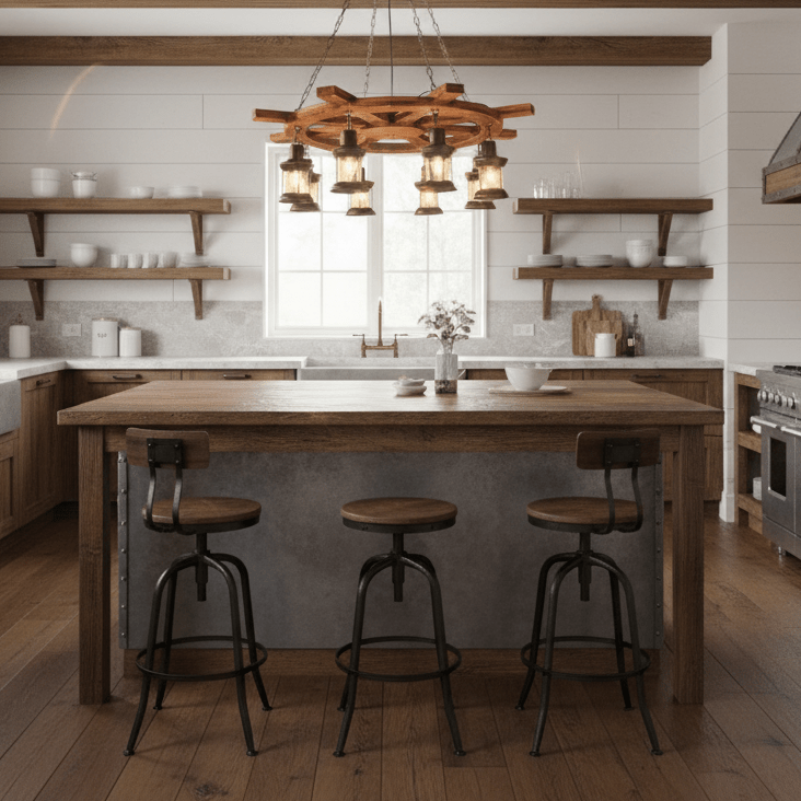 The fitting lit above a kitchen island with stools pulled up to it