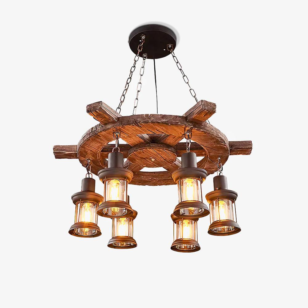 Coastal chandelier on a spoked wood ship wheel with six glass lanterns