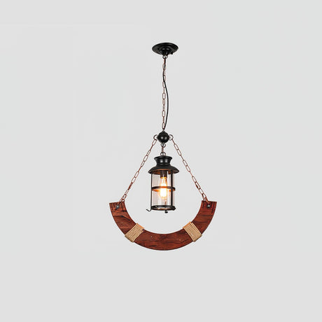 A single glass lantern slung under a curved wood hull section