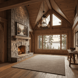 The lanterns lit under a vaulted ceiling beside a stone fireplace