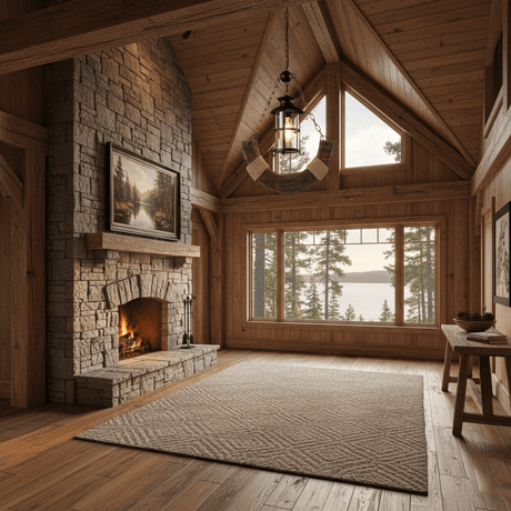 The lanterns lit under a vaulted ceiling beside a stone fireplace