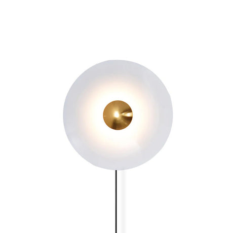 The white disc with a copper tone center and its cord on a white background