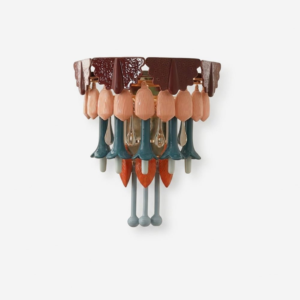 Wall light with a fringe of glazed ceramic pieces in peach, teal, orange and burgundy