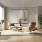 Wide tapered resin shade in a room with a large window