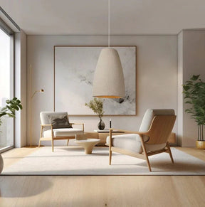 Wide tapered resin shade in a room with a large window