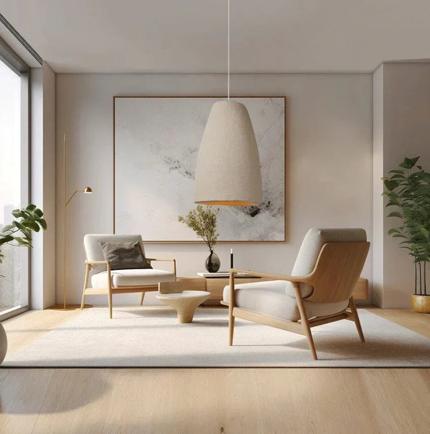 Wide tapered resin shade in a room with a large window