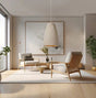 Wide tapered resin shade in a room with a large window