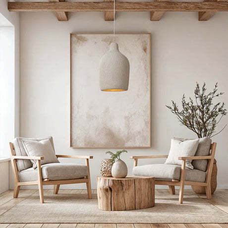 Wide tapered resin shade above two armchairs and a stump table