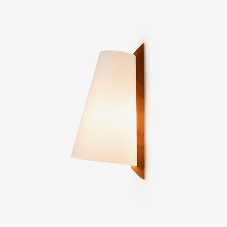 Cone wall sconce, a white parchment shade on a folded solid wood bracket