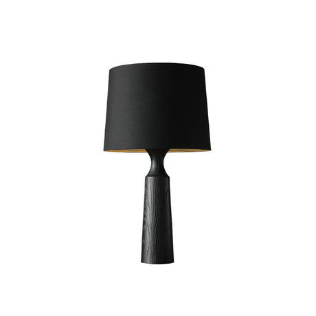 Console table lamp in black with a black shade, lit and plain