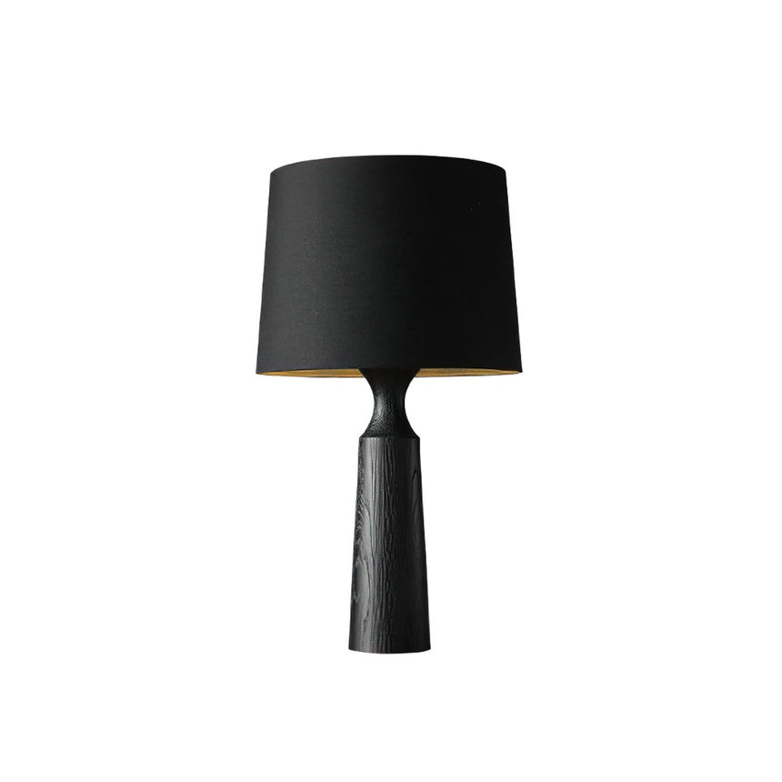 Console table lamp in black with a black shade, lit and plain