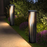 Two lit along a paved walk beside a border of low purple planting