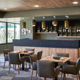 Glass shades lit over tables in a bar interior