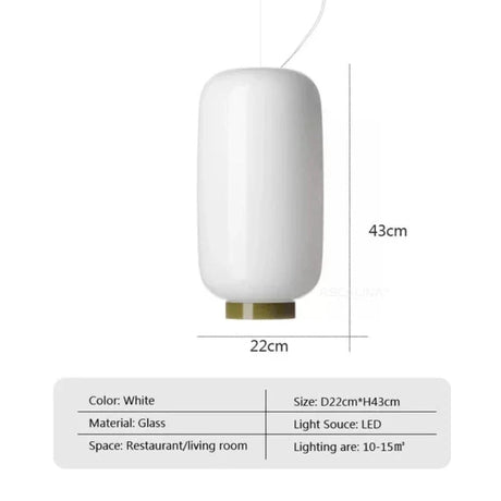 Tall white glass shade shown with its 22 by 43 cm dimensions