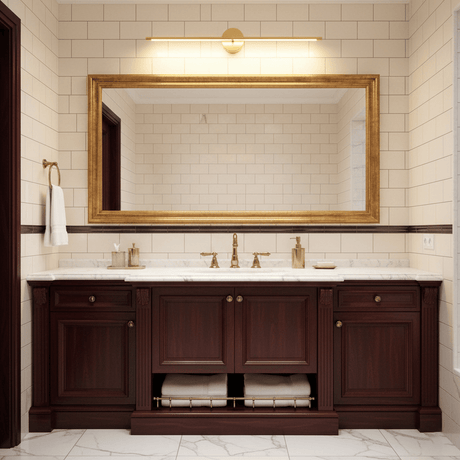 Gold rod lit above a gilt framed mirror over a dark wood vanity unit