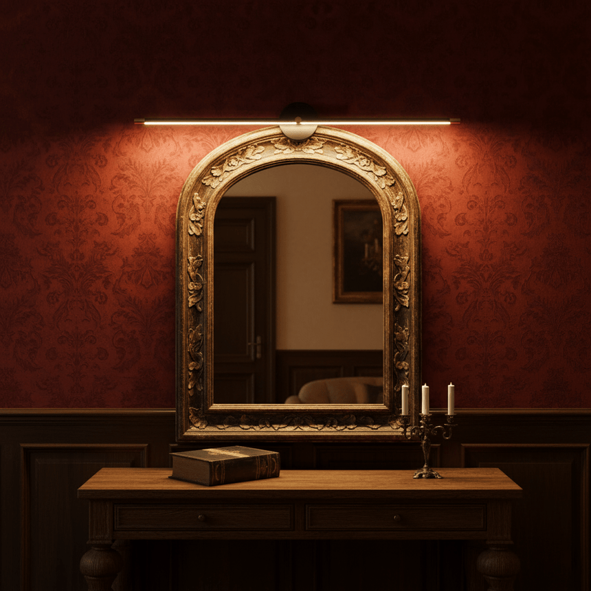 Gold rod lit above an arched mirror on a deep red wall over a wood table