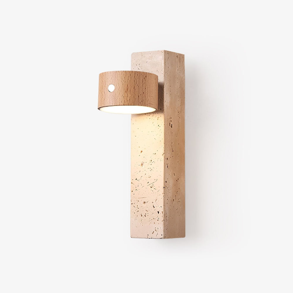 Battery wall sconce with a travertine bar and a light wood tilting head