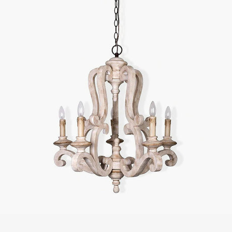 A carved wood frame of scrolls and spindles carrying five candle lamps on curved arms