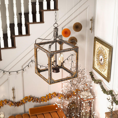 Hung beside a staircase above a console dressed with autumn decorations