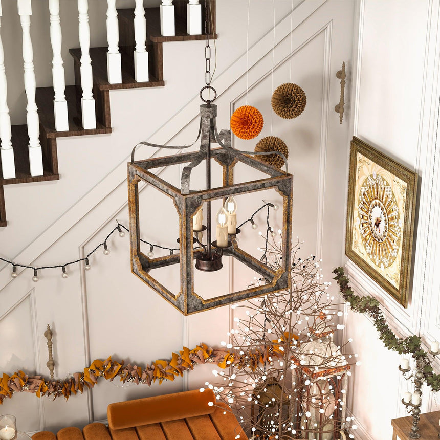 Hung beside a staircase above a console dressed with autumn decorations