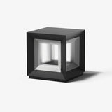 Open frame cube post light, the lit core held inside a black outer frame