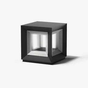 Open frame cube post light, the lit core held inside a black outer frame