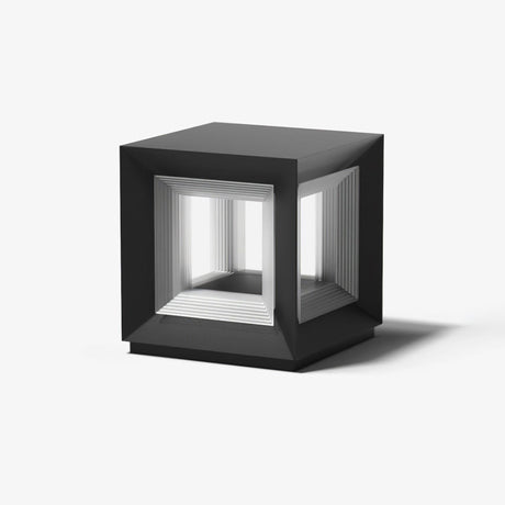 Open frame cube post light, the lit core held inside a black outer frame