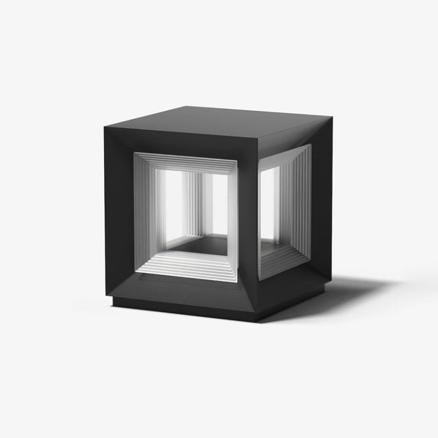 Open frame cube post light, the lit core held inside a black outer frame