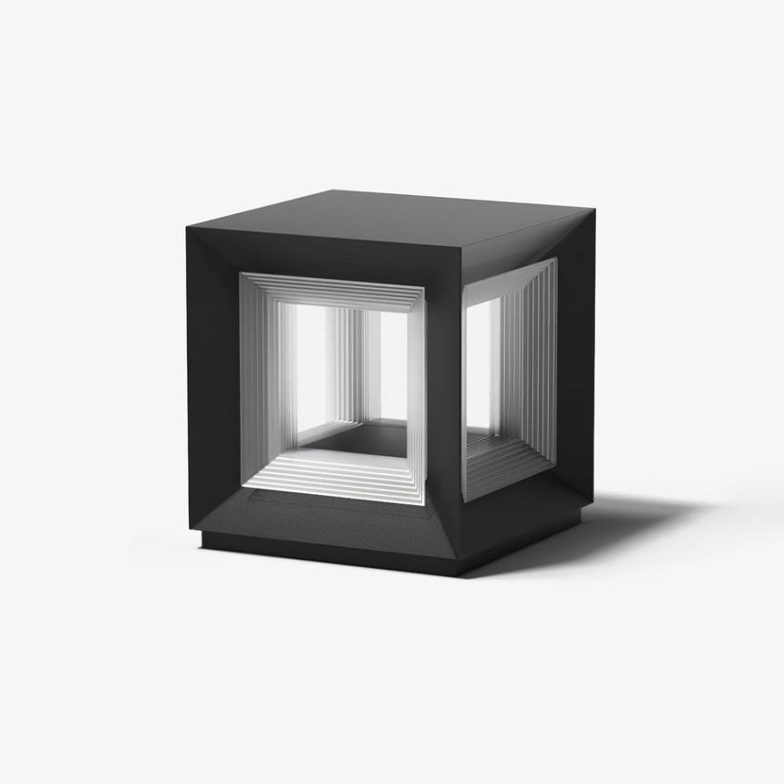 Open frame cube post light, the lit core held inside a black outer frame