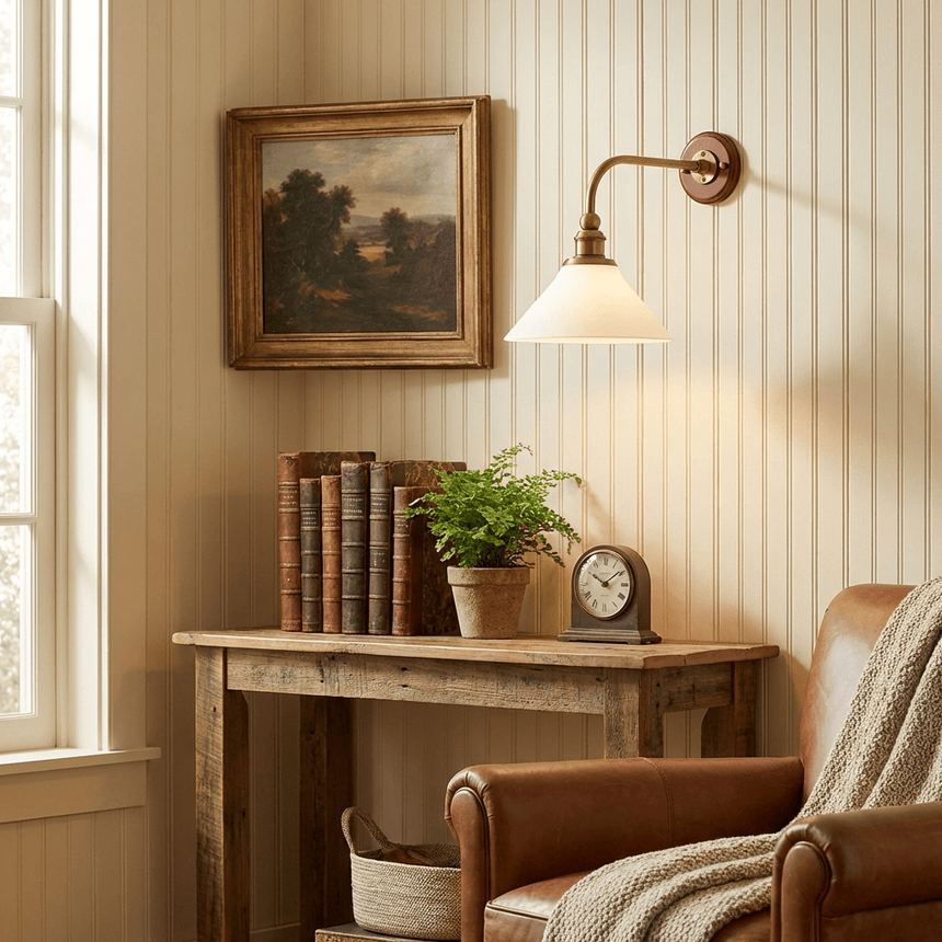 The sconce above a wood console with books and a clock beside a leather armchair