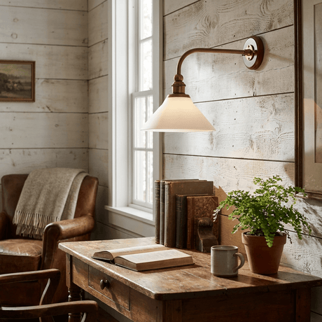 The sconce lit above a wood desk with an open book and a plant beside a window
