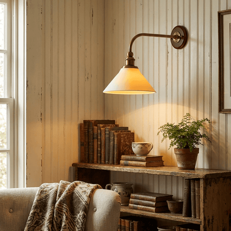 The sconce lit above a wood shelf of books and a plant beside an armchair