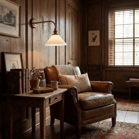 The sconce on a wood paneled wall above a desk and a leather armchair on a rug