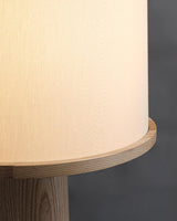 Close view of the fabric drum meeting the wood column top