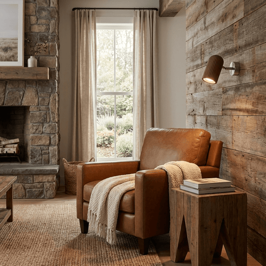 Sconce lit on a plank wall beside a leather chair, a stool and a fireplace
