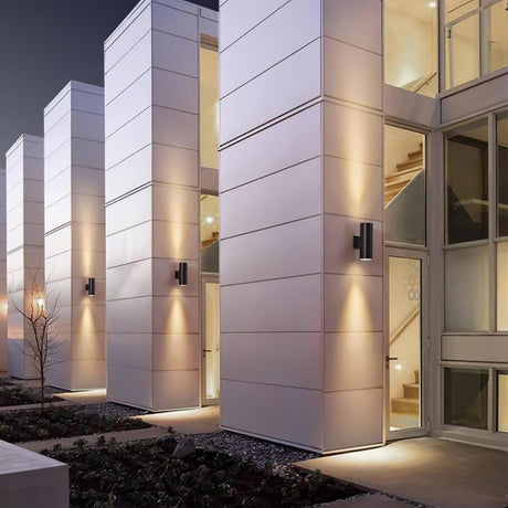 Up and down beams on white panel walls of a modern house at dusk