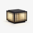 Square post cap with a ribbed glass lantern behind a slim black grid